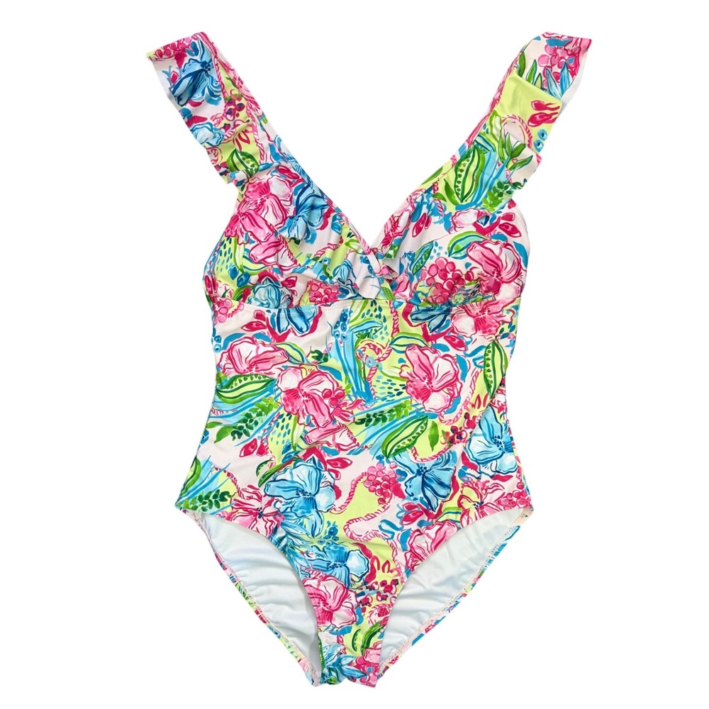 Floral V-Neck One-Piece Swimsuit in Pink, Blue & Green